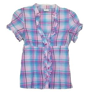 Be Cool Plaid Pink Blue Purple Fitted Ruffle Blouse Shirt Top Women’s Size Small